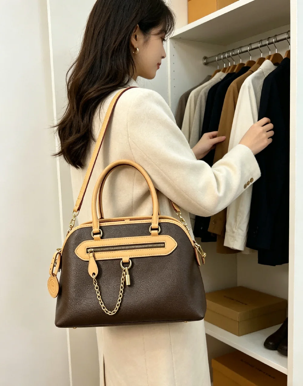 Luxury Brown Two-Tone Shell Handbag with Bamboo-Style Trim, Retro Silhouette for Formal Occasions
