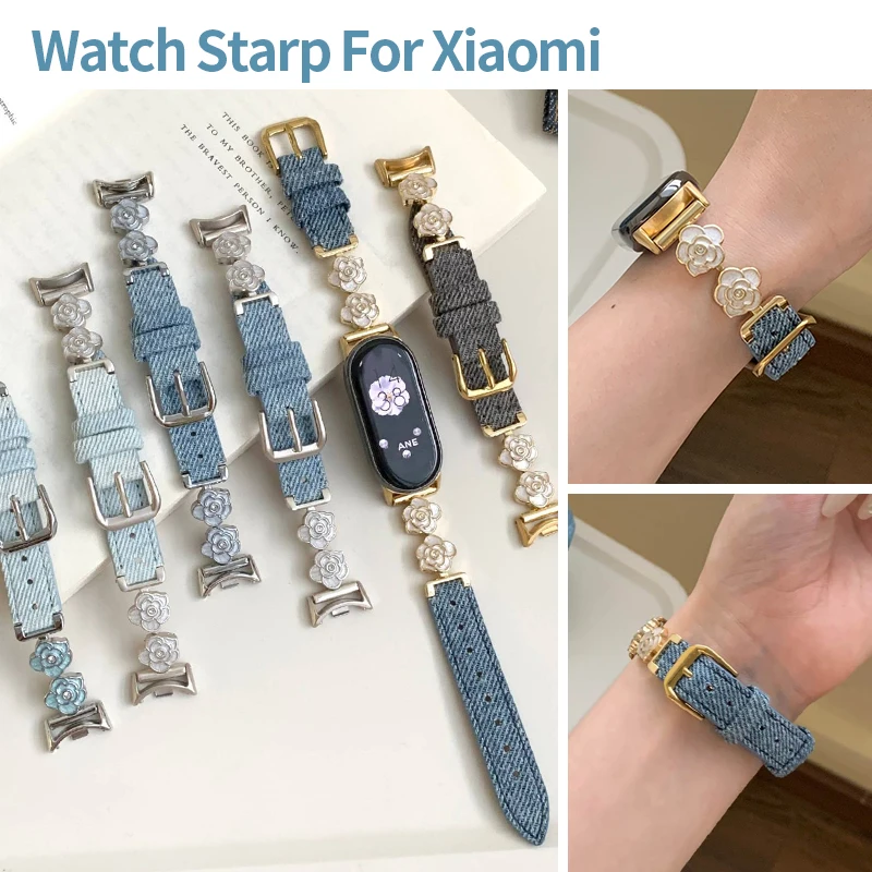 Fashion Camellia Flower Denim Strap for Xiaomi Mi Band 10 9 8 NFC 7 Women Cowboy Fabric Bracelet for Redmi Watch 6 5 4 Wristband