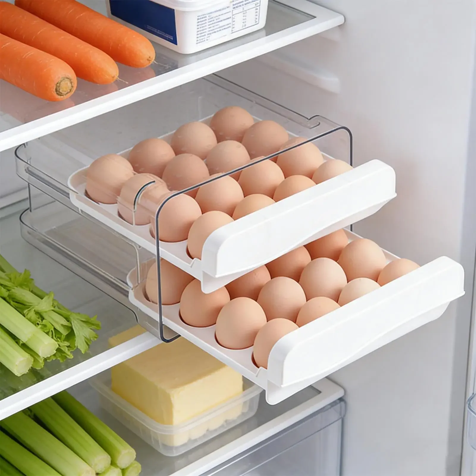 Egg Holder for Fridge 32-Grid Drawer Storage Container with Date Display for Eggs Stackable Fridge Organizer for Countertop