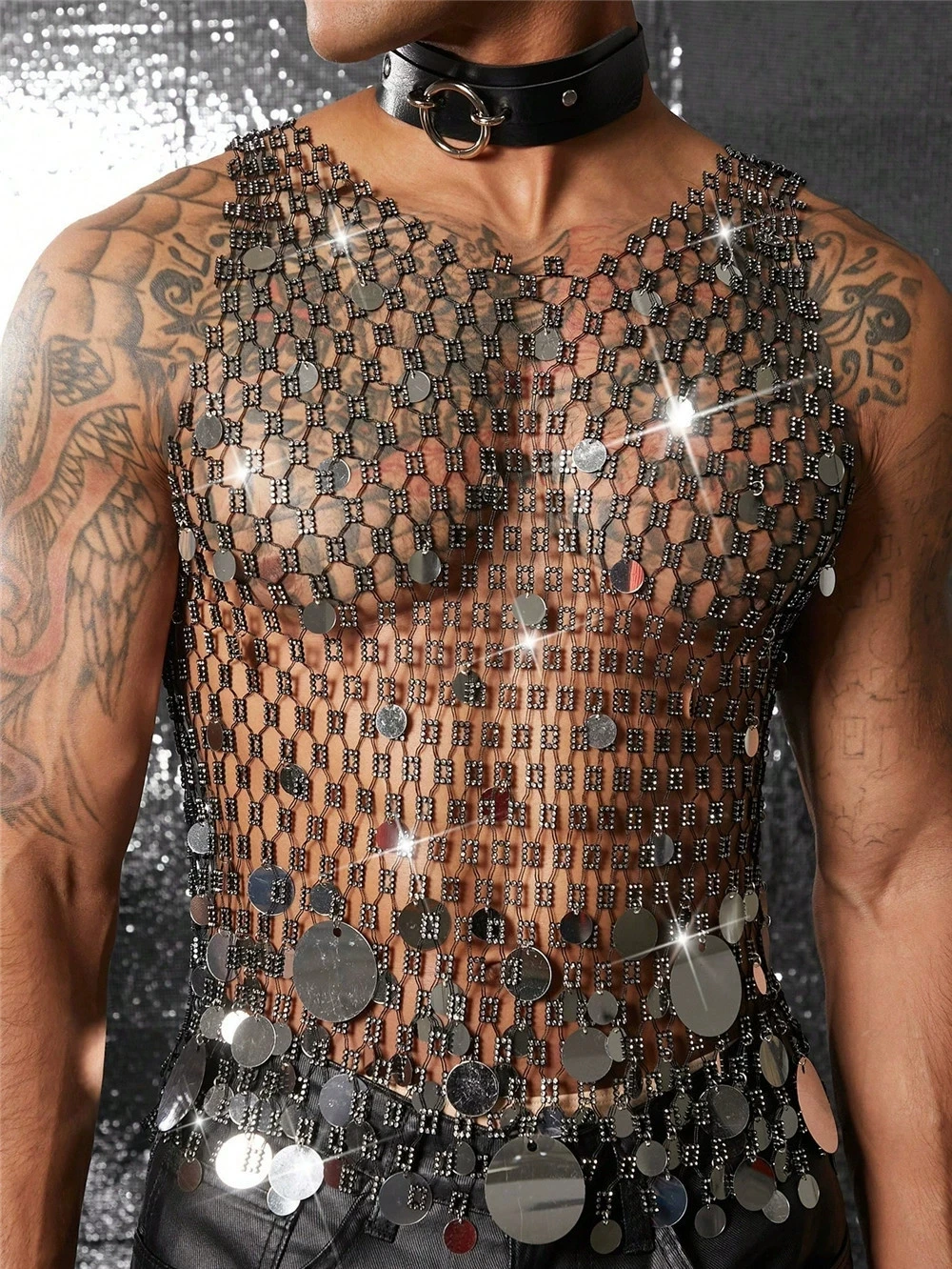 Männer Strass Fishnet Tank Tops Shiny Muscle Top Mann Weste Runde Pailletten Durchsichtig Ärmelloses T-Shirt Party Nachtclub Kleidungsstück
