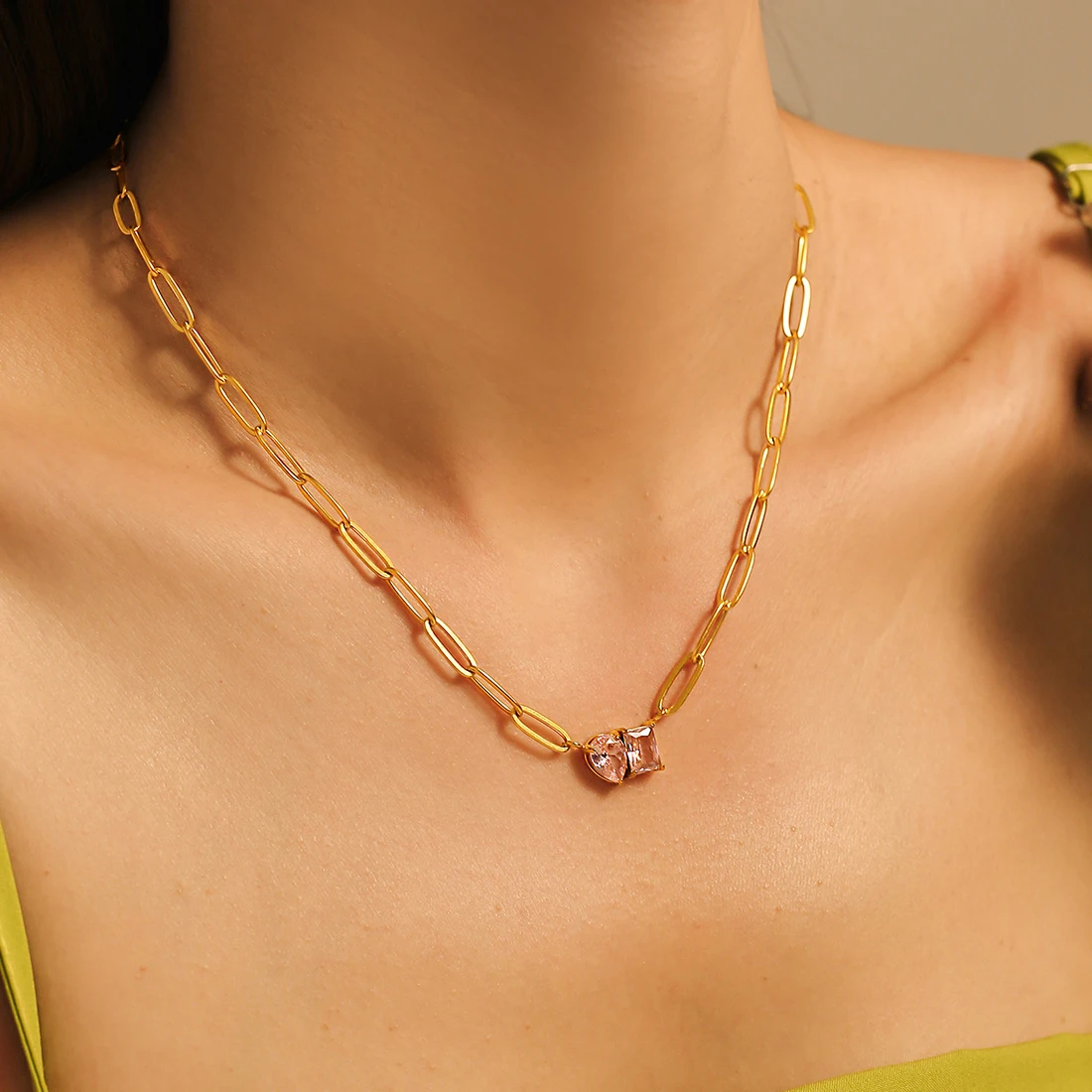 Water Drop Square Zircon Pendant Necklace for Women Stainless Steel Chain Gold Plated Charm Female Jewelry Gift