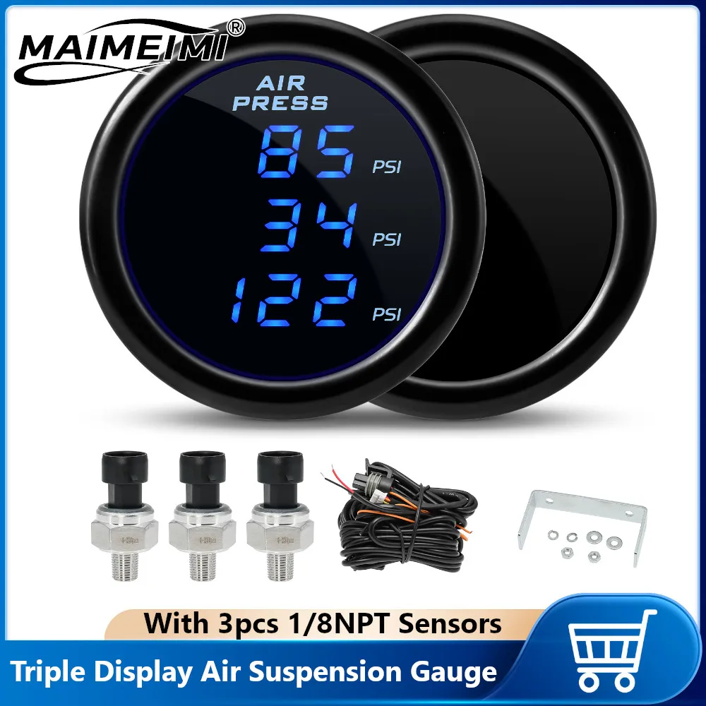 

Universal 52mm Triple Display Air Suspension Gauge Ride Pressure PSI Blue LED With 3pcs 1/8NPT Sensors for Cars Trucks 12V/24V