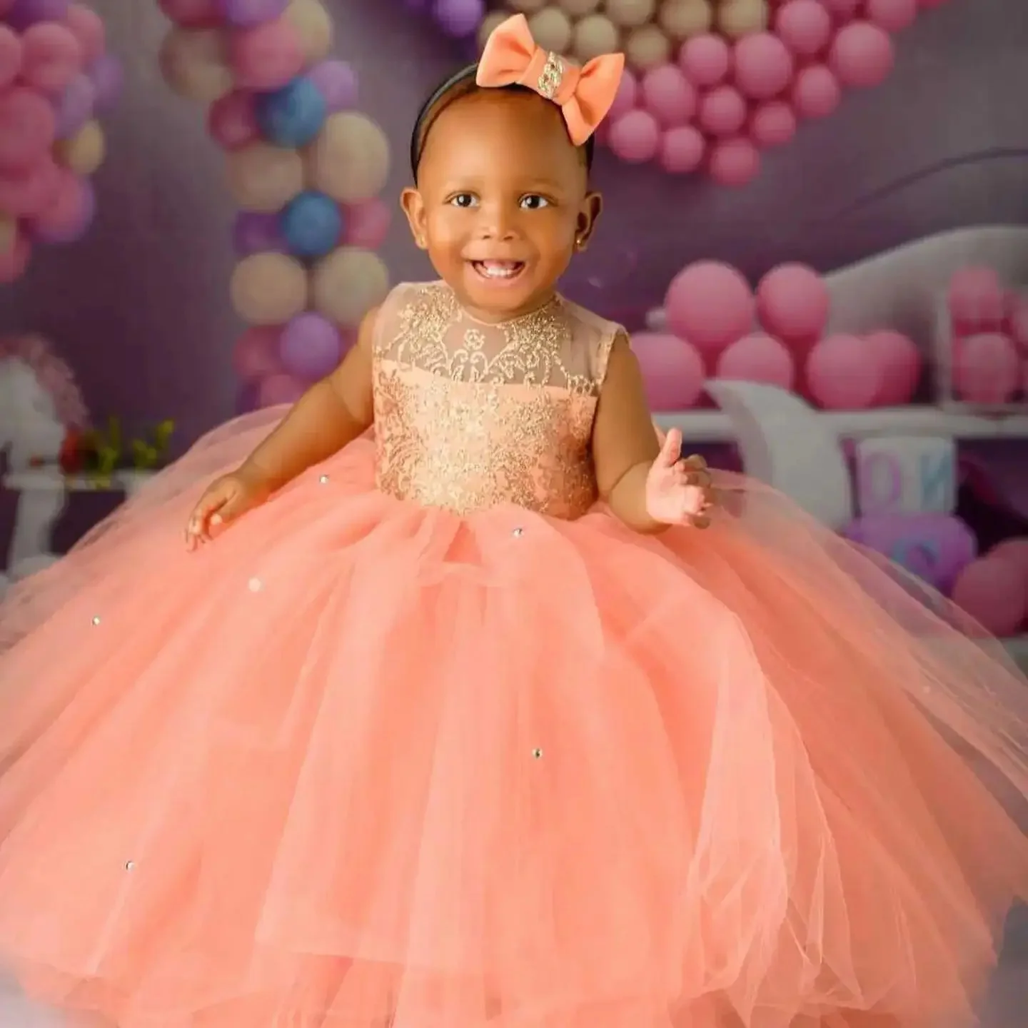 

Customized Lace Tulle Flower Girl Dresses For Wedding Gold Appliques Sleeveless Kids Birthday Party First Communion Ball Gown