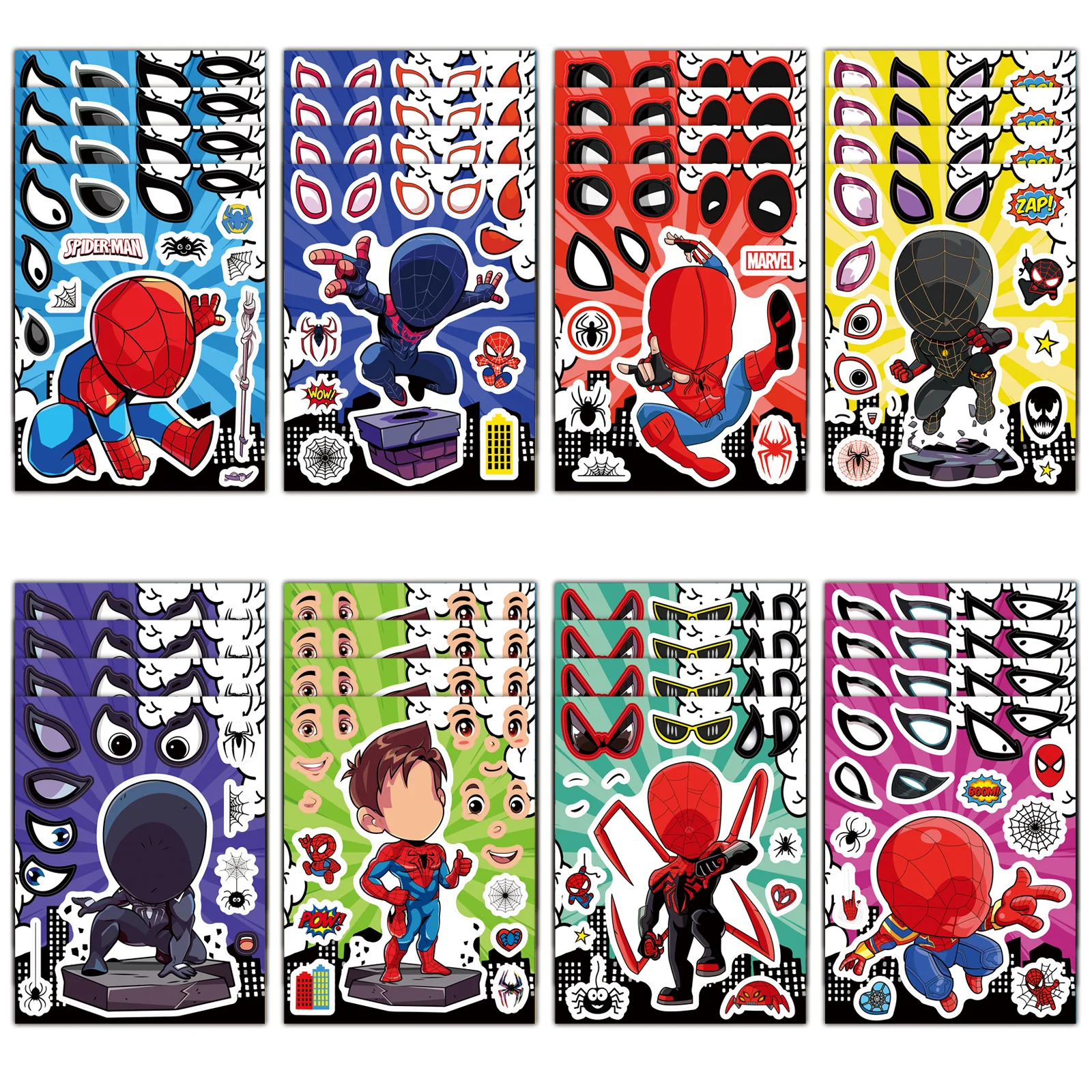 8Sheets Cartoon Spiderman Stickers for Kids DIY Scrapbooking Waterproof Face Decals Creative Collage Art Sticker Toys