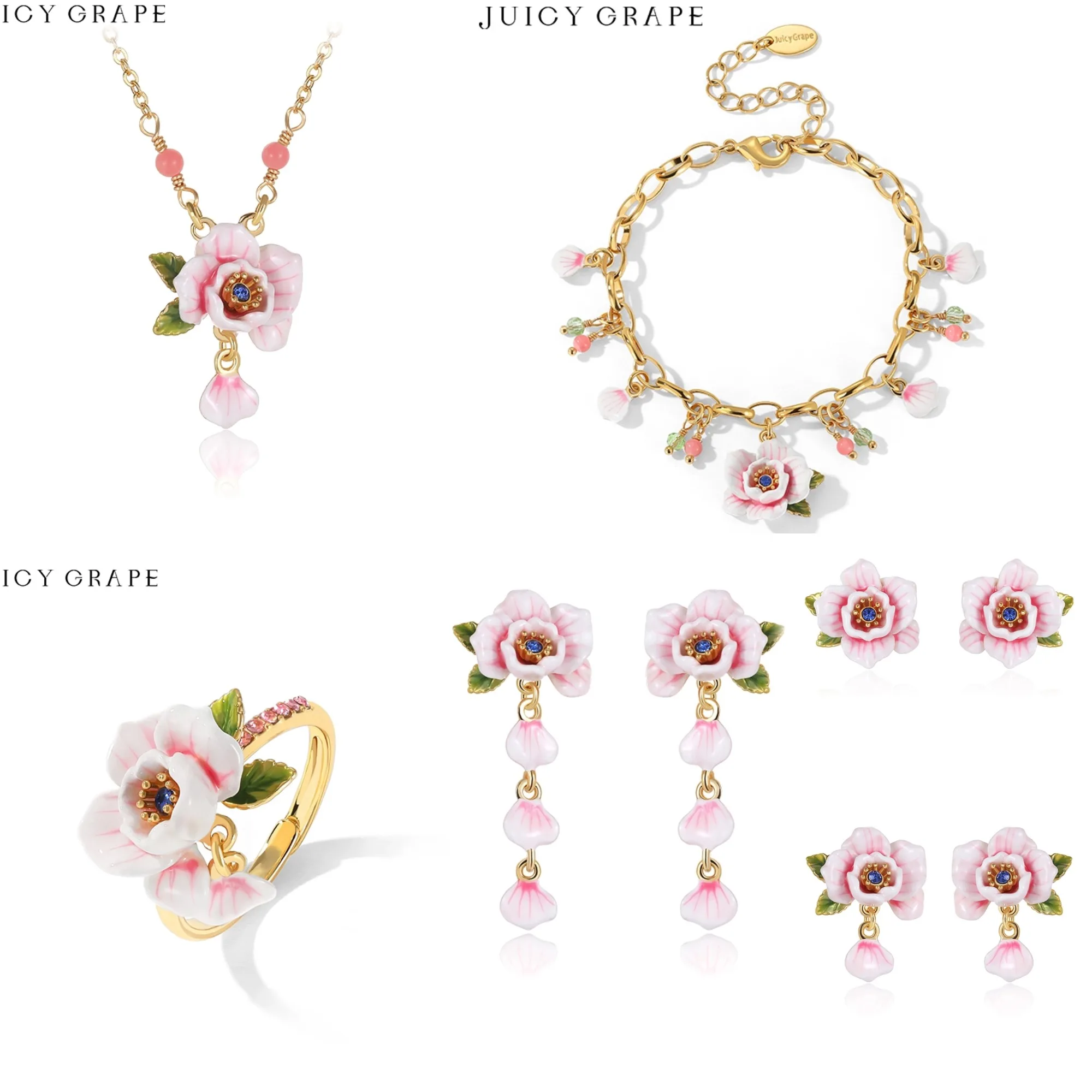 

Juicy Grape Pink Rose Jewelry Set Sweet Flower Necklace Earring Ring Bracelet 18K Gold Plated Enamel Handmade Jewelry Girl GIfts
