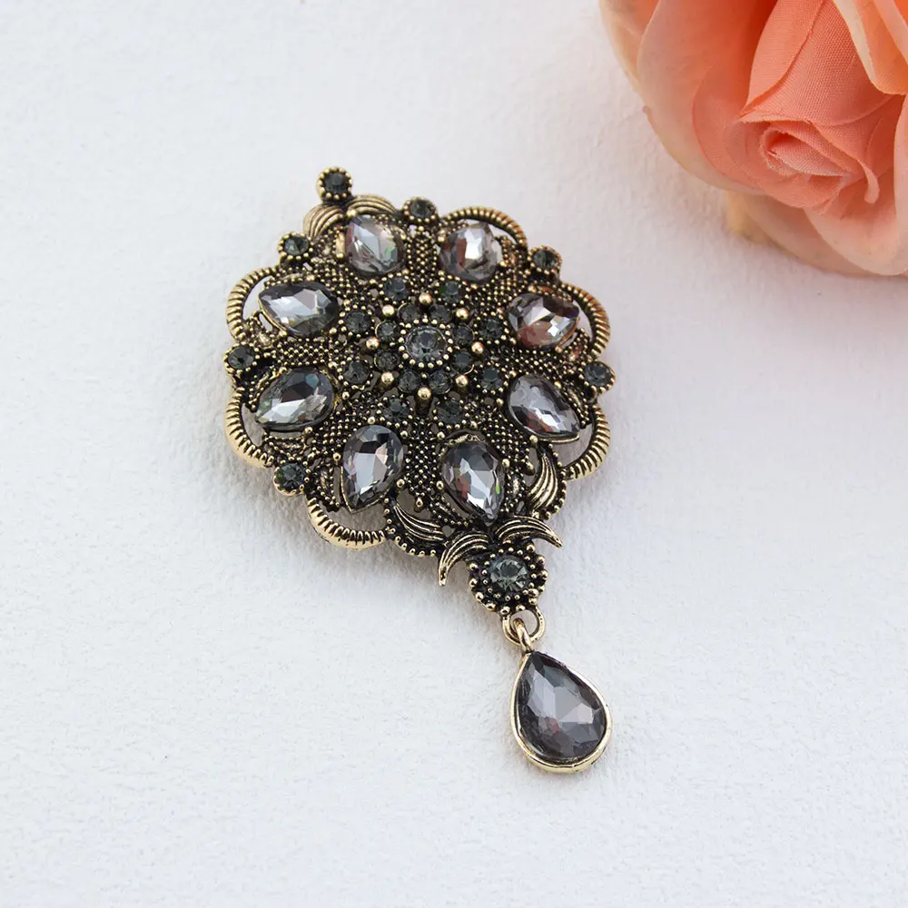 Vintage grijze kristallen Turkse broche voor vrouwen hijab revers broche pins antiek goudkleurige bohemian bijoux