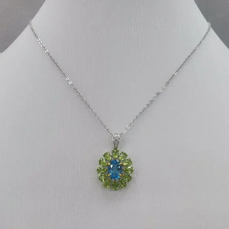 ZECAA Jewelry Woman Topaz Pendant With Natural Swiss Blue Topaz 6*8mm Peridot 3*4mm Pendant Jewelry For Best Woman Pendant