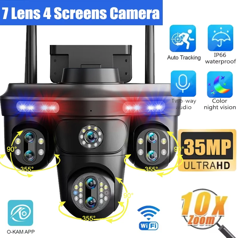 

35MP 7 Lens IP Camera Outdoor 10X Zoom Four Screen Wireless Surveillance Cam Auto Tracking WiFi Waterproof Security CCTV Camera