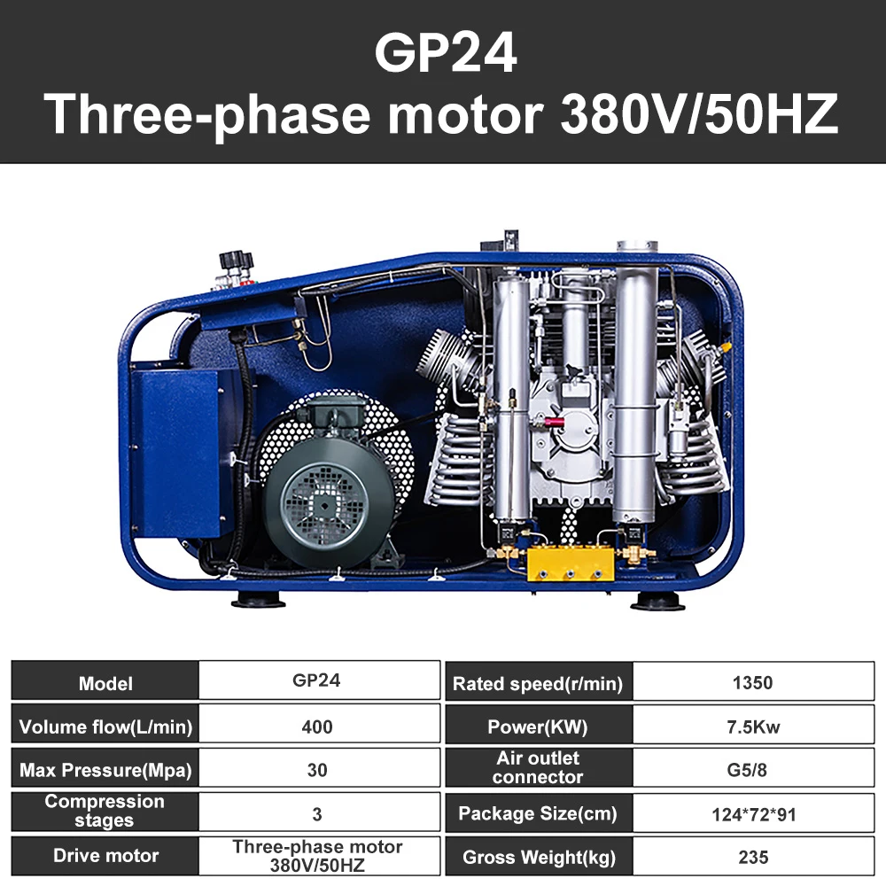 GP China Manufacturer Three Stage 7.5KW 400L 4500psi 300bar 380V 50HZ 30mpa Scuba Diving Air Compressor For Filling Cylinders