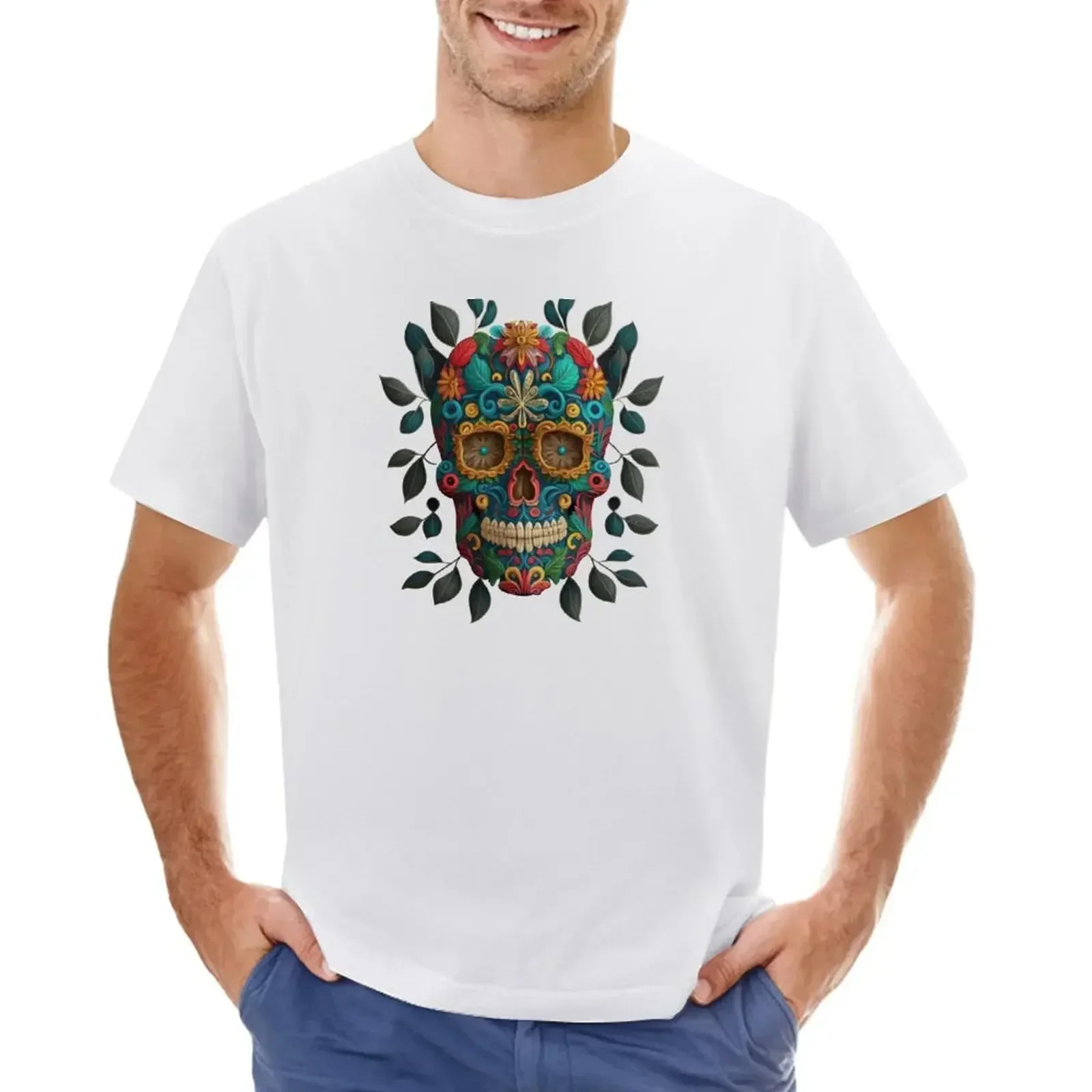 Short Sleeve Cotton heavyweight Informal Deluxe design made of embroidery skull textile of the DeadDia de los Muertos T-shirt