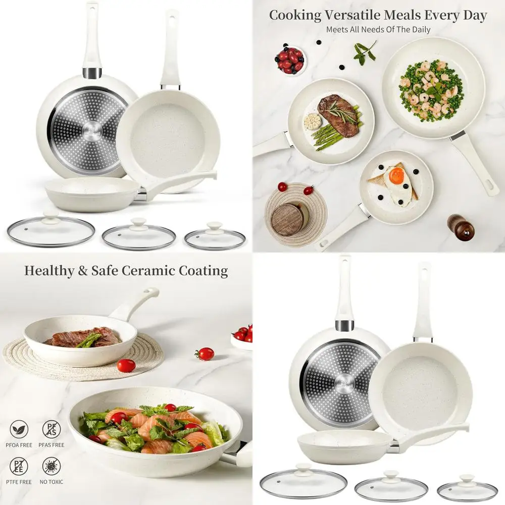 

Набор керамических сковородок с антипригарным покрытием и крышкой — белая индукционная сковорода, кухонная посуда без PFOA и PFAS для здорового приготовления пищи