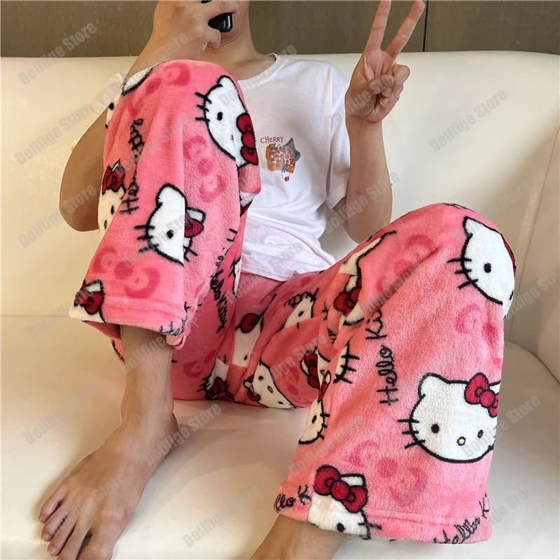 Pyjama en laine Sanurgente Hello Kitty, Anime Glutnel, Blanc, Dessin animé, Pantalon décontracté pour la maison, Mode automne, Cadeau en peluche FJM, Noir, Kawaii