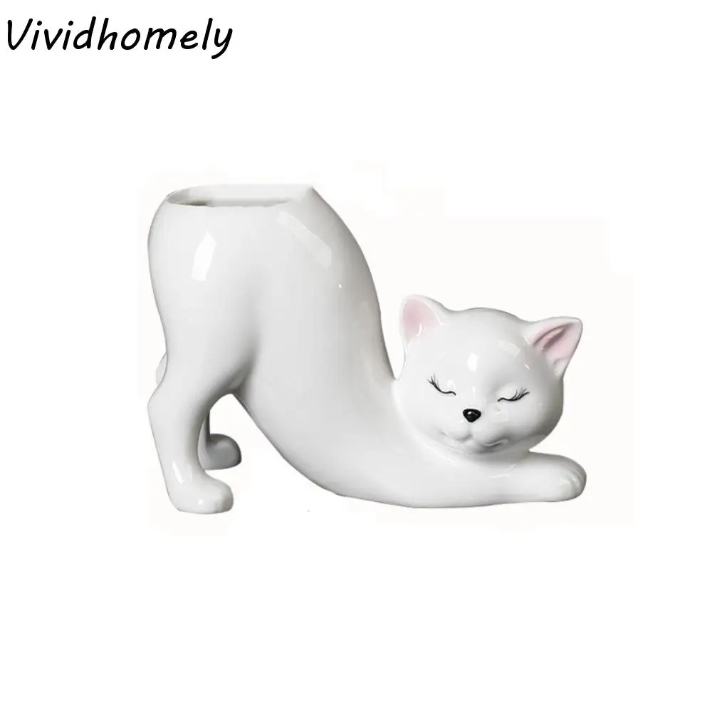 

Ceramic Cat Tail Column Flower Pot Creative Handicraft Succulent Flowerpot Cartoon Funny Animal Figurines Sculpture Gift