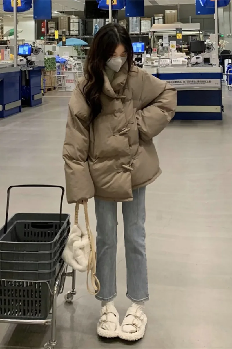 Korean Small Ox Horn Button Cotton Padded Jacket Female New Winter Lazy Wind Cotton Padded Jacket In 2022