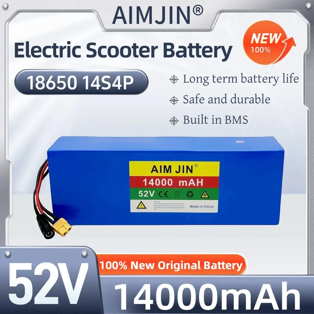 14S4P 52V 14000mAh Rechargeable 18650 Lithium Battery Pack 1500W Built-in BMS 14Ah 58.8V Suitable For Electric Bicycles Scooters