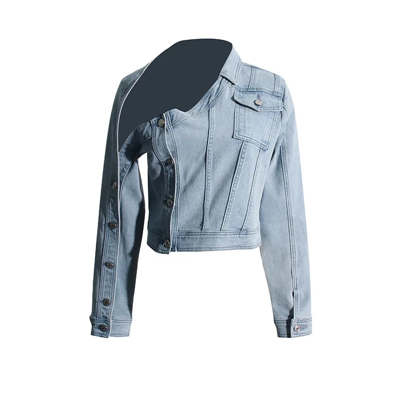 Women Jeans Jacket New  American Vintage Washed Aged Strapless Design Denim Jacket  Niche Design Coat Women Jackets for Women
