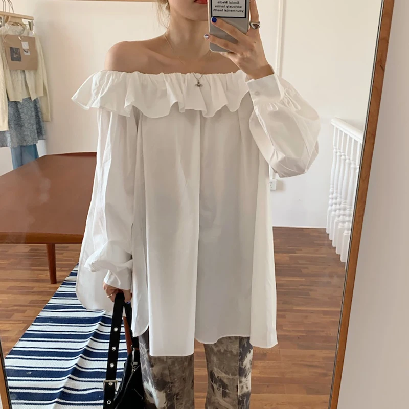 

Шикарный корейский топ с открытыми плечами и длинными рукавами для женщин, ранняя осень, прямой крой, из других материалов, 100%