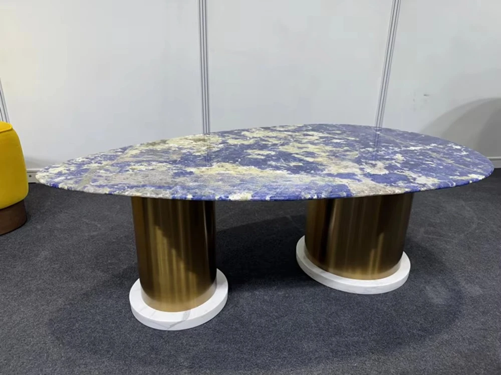 2025 Modern Design Oval Coffee Table Bolivian Blue Marble Top Gold Veneer Legs Caracatta White Marble Base Stylish Dining