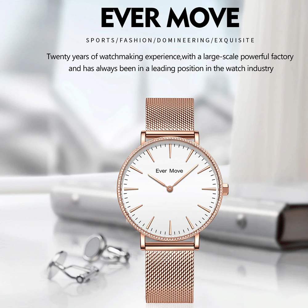 Ever Move Original Quartz Women Watch Fashion Mesh Stainless Steel Ladies Wristwatch Waterproof Elegant Female Gifts Watch New