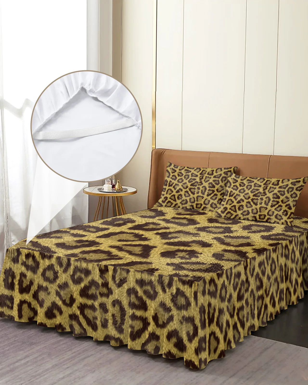 

Animal Skin Texture Leopard Print Bed Skirt Elastic Fitted Bedspread With Pillowcases Mattress Cover Bedding Set Bed Sheet