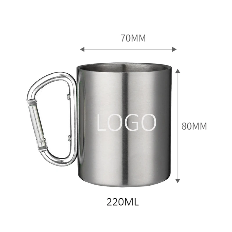 Stainless Steel Double Walled Mug with Carabiner Handle for Hiking Backpacking 220ml Mug Camping Travel Cup