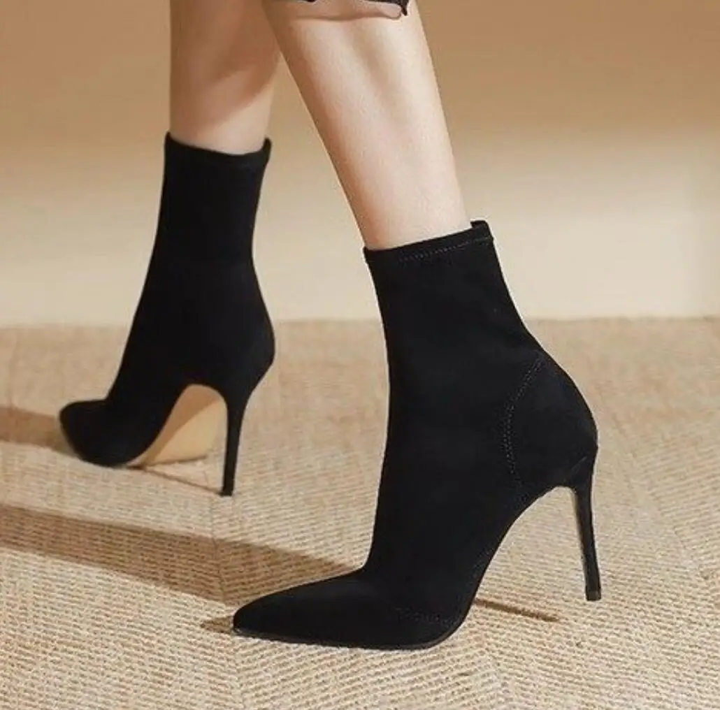 

Autumn Winter Black Classic Women Slim Ankle Boots Fashion Elegant Pointed Toe Shoes Thin High Heel Women's Morder Short Booties