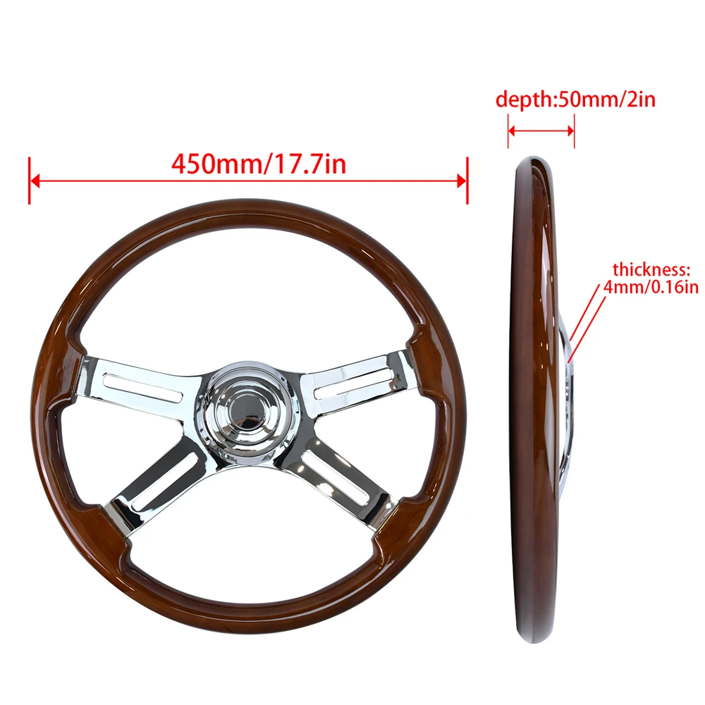 18' Solid Wood Lacquering Truck Steering Wheel 4 Spoke Aluminum Chrome Plated Steering Wheel With Vintage Style