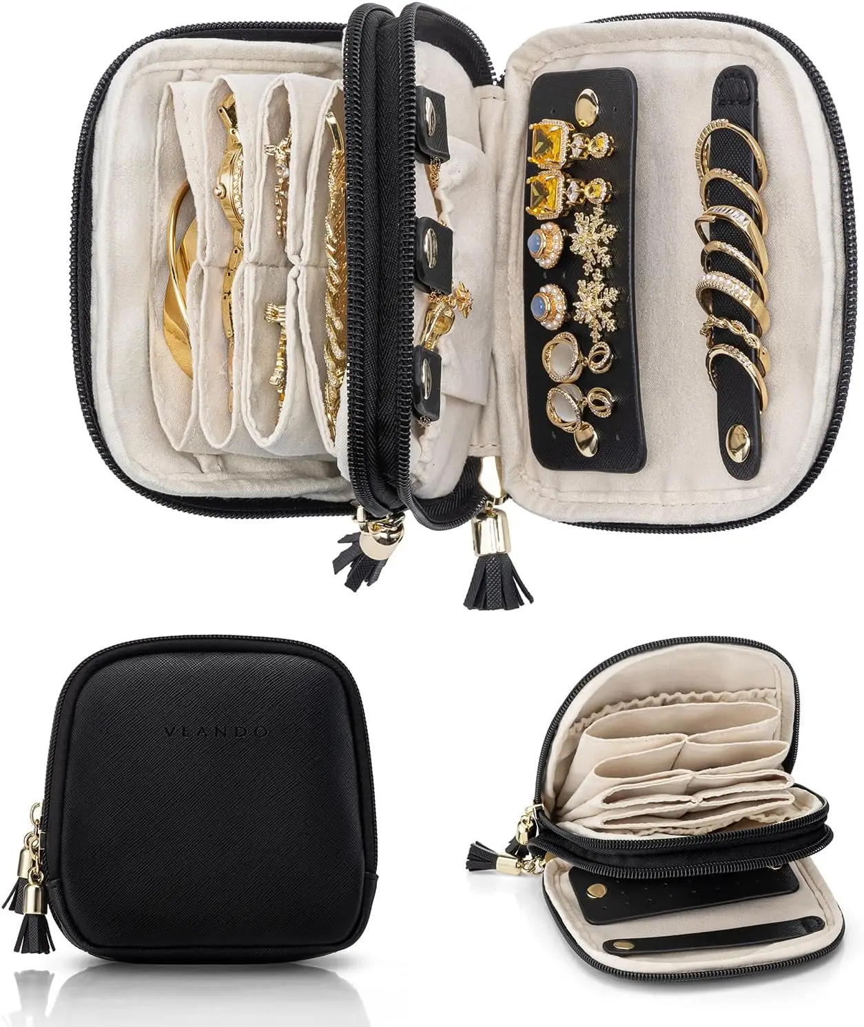 

Travel Jewelry Case,2-Layer Jewelry Organizer for Travel,Gifts for Women,Travel Essentials,Multi-Compartment Jewelry Storage for Rings Earrings Necklaces Bracelets - Black