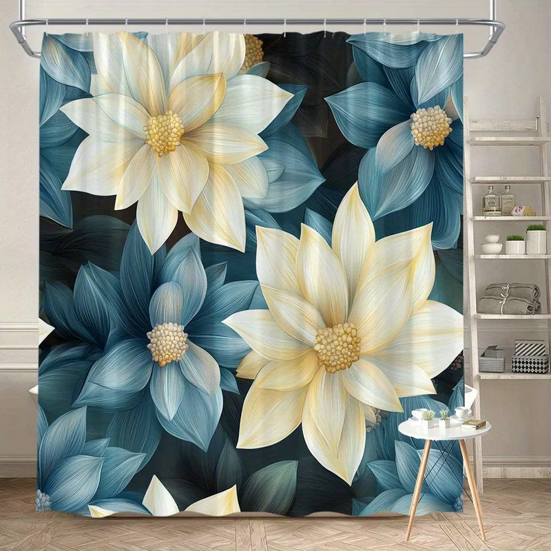 

1 шт. светло-желтая и синяя занавеска для душа с цветочным узором, полиэфирная ткань, можно стирать в машине, подходит для украшения ванной комнаты