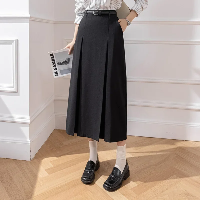 Korean Fashion High Waist A-line Long Skirts Office Ladies Elegant Suit Skirt 2023 New Spring Autumn Midi Skirts with Belt