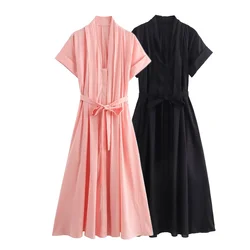 24 Summer New Women's V-neck Curled Short Sleeves Wrapped Waist for slimming Strap Shirt Style Dress