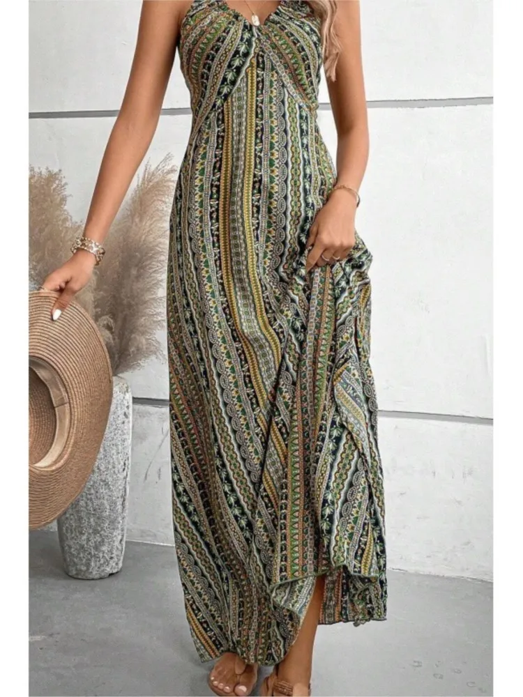Vestido de verano con estampado étnico para mujer, vestido con espalda descubierta y muslo dividido, ropa de verano para mujer, Vestido de playa bohemio con cuello en V, vestido veraniego Vintage sin espalda