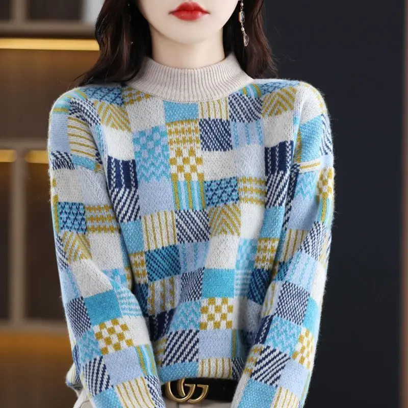 Korean Fashion Autumn Winter Sweaters Women\'s Mock Neck Plaid Contrast Color Thicken Long Sleeve Loose Pullovers Knitted Tops