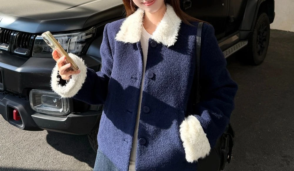 Gentle Wind Splicing Lamb Wool Collar with Cotton Thickened Coat for Women's Autumn and Winter Style Versatile Top