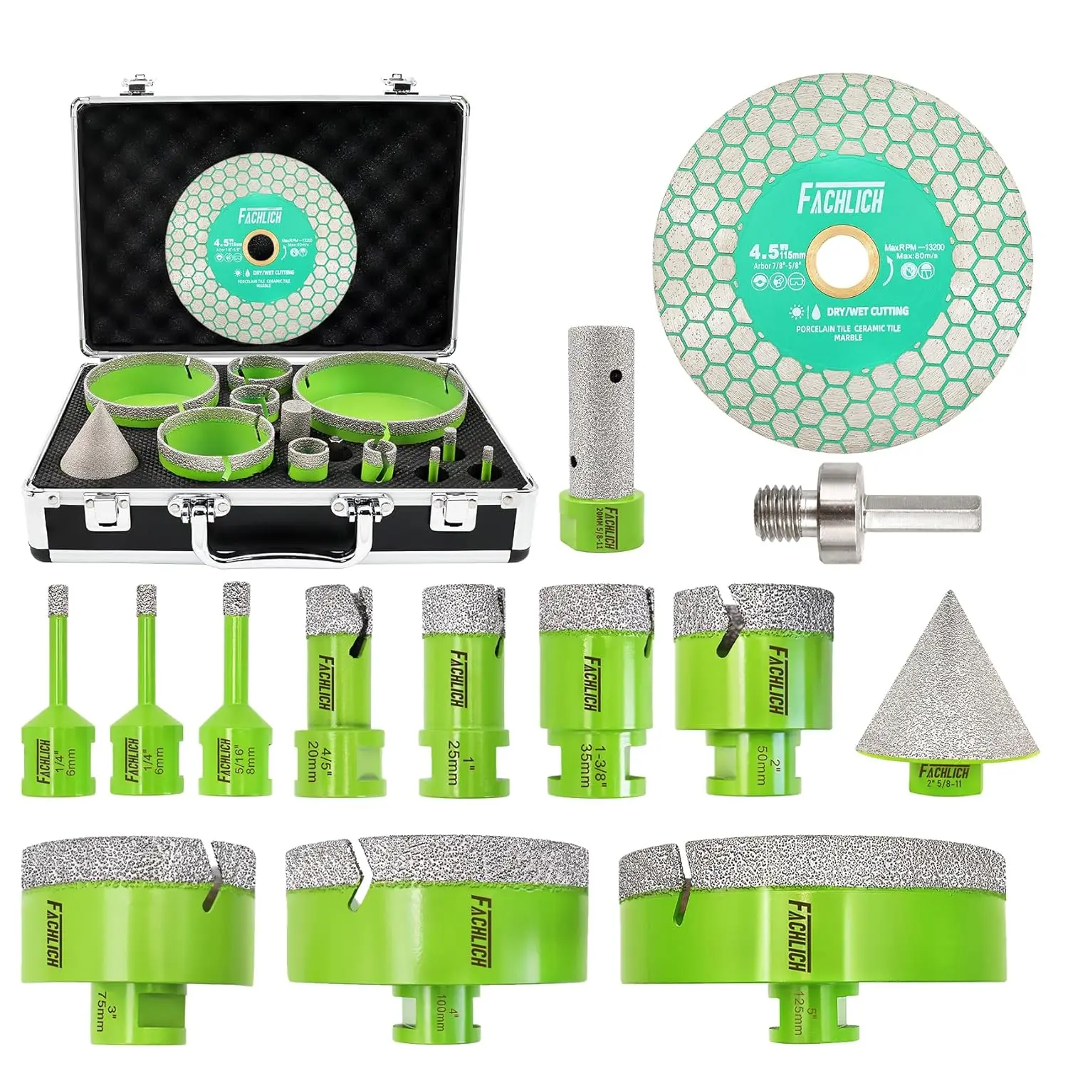 

Набор алмазных коронок для керамогранита и керамической плитки, включает насадки различных размеров с резьбой 5/8"-11