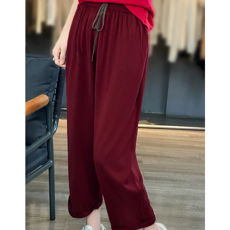 ATTYYWS Hot selling women's imitation wool wide leg pants casual loose knit summer thin women's wool nine point wide leg pants