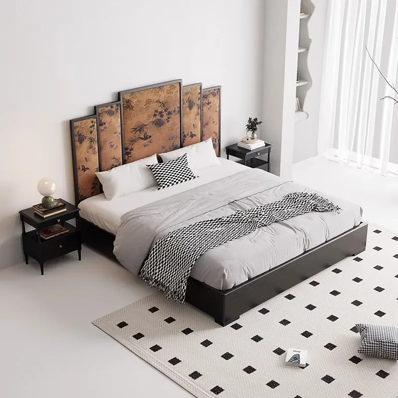 French retro solid wood Guochao screen bed fragrant cloud yarn high backrest soft bag 1.8 meters double bed master bedroom