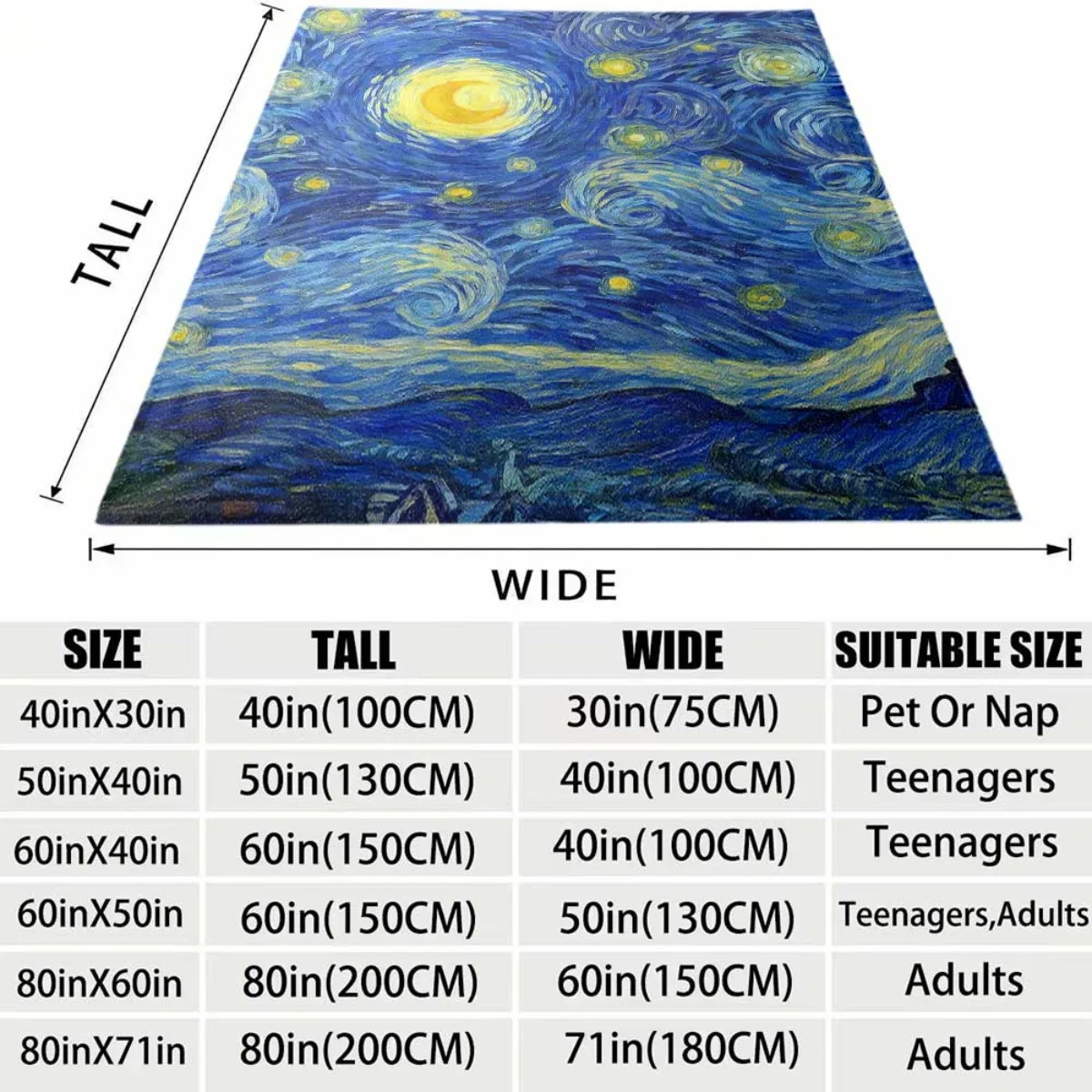 Van Gogh The Starry Night Swirl Moon Star Oil Painting Print Flannel Throw Blanket, Soft Warm Sofa Cover, Art Decor Bedroom Gift
