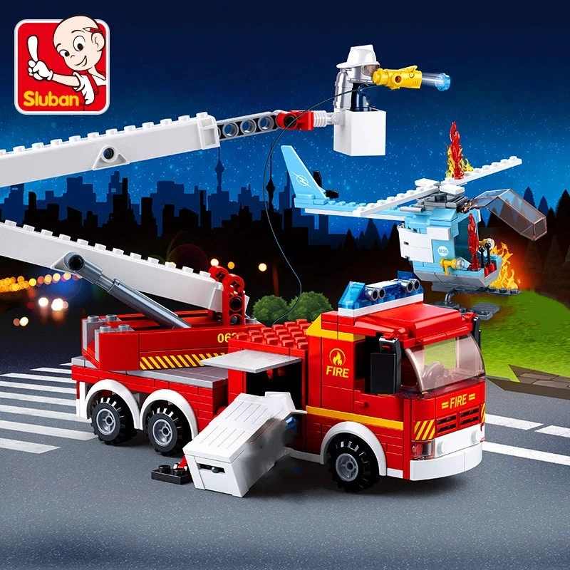 

Small Lu Ban America Model Fire Tru Toy for Boys Creative Building Blos Fire Alarm High-Rise Rescue Vehicle Assembly Kit