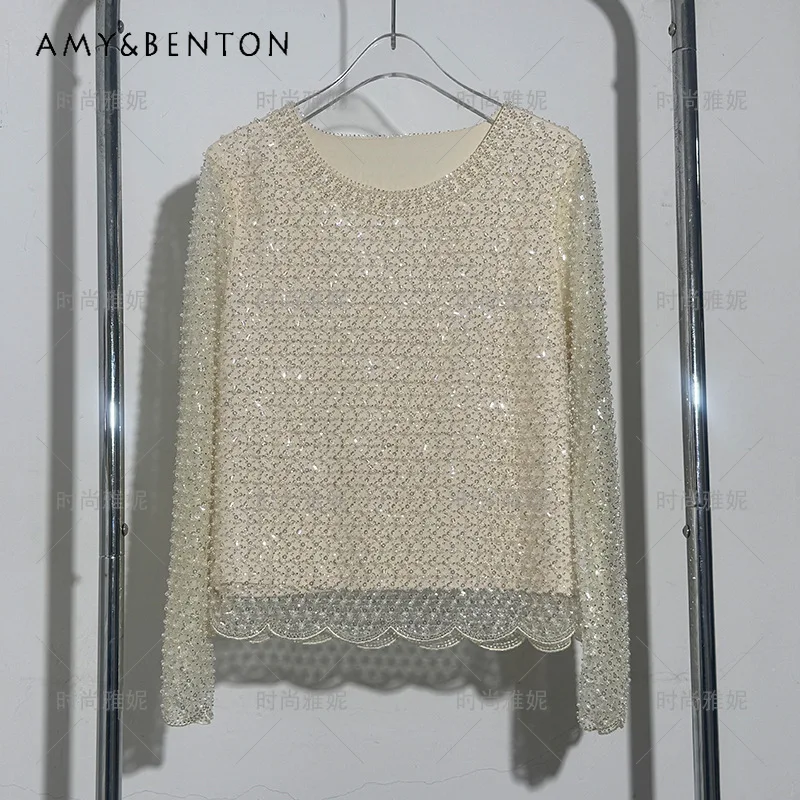 

2026 New Spring Summer Pearl Sequin Lace Blouse Women's Long Sleeves Crew Neck Luxury Elegant Banquet Casual Fashion Top Shirt