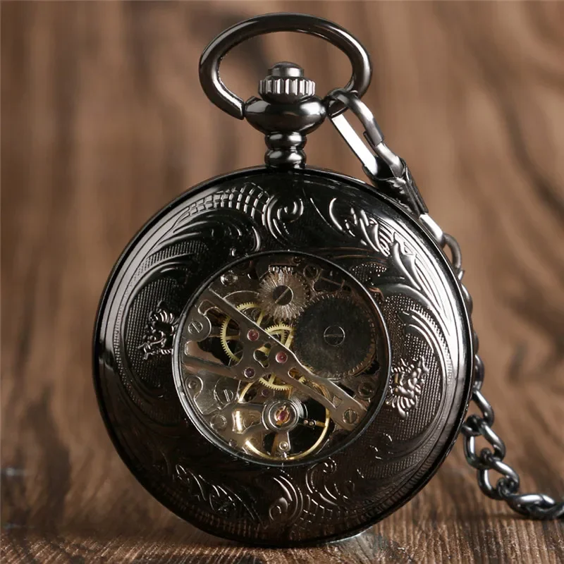 Antique Black Hollow Eagle Case Skeleton Hand-winding Mechanical Men Pocket Watch Arabic Number Clock with Chain