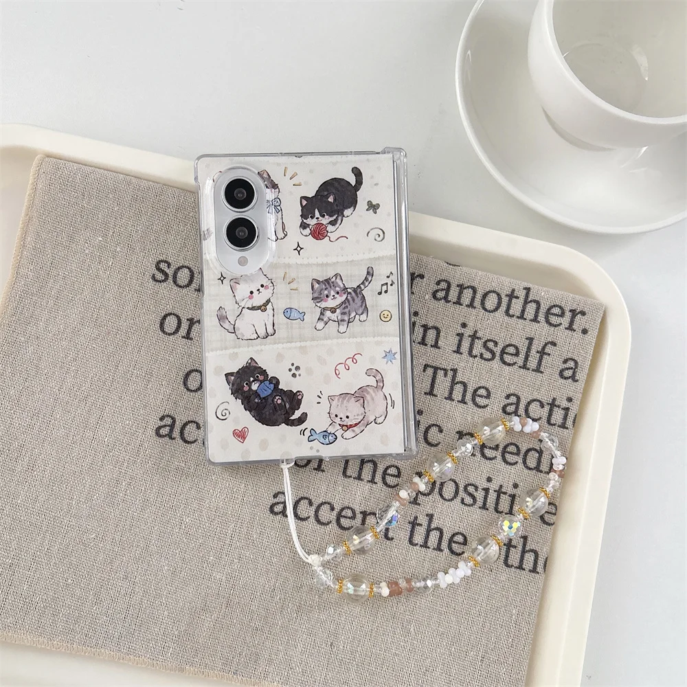 New 2026 Cute cat Cartoon Phone case for Samsung Galaxy Z Fold 8 Shockproof Hard Folding Chain  Phone Cover For Girls