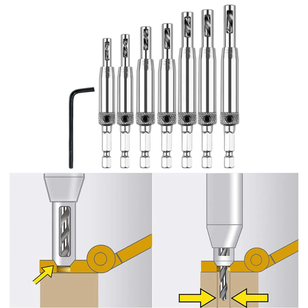 

7 шт., набор самоцентрирующихся сверл для петель для дверного шкафа, пилотные отверстия, HSS, позиционирующая дрель, установка дверных петель