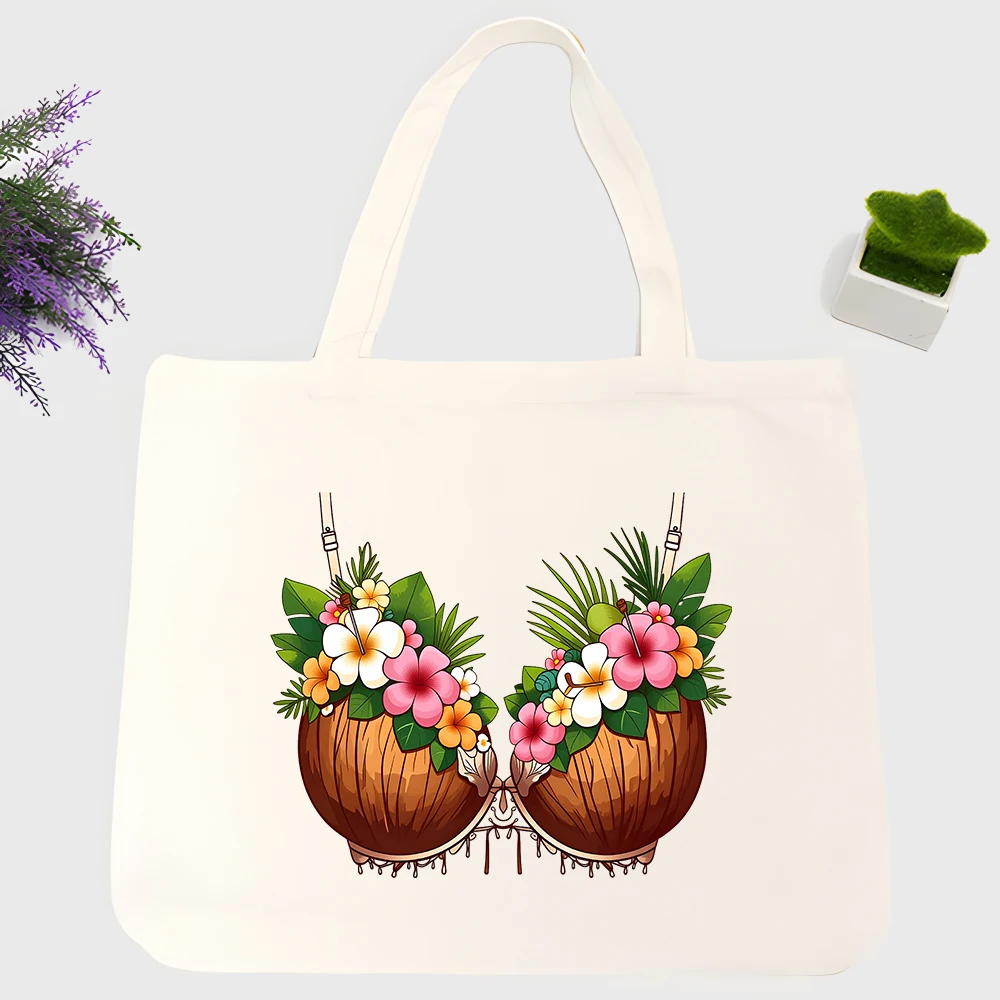 Women's tropical flower coconut graphic canvas tote bag, perfect for summer beach outings and casual shopping