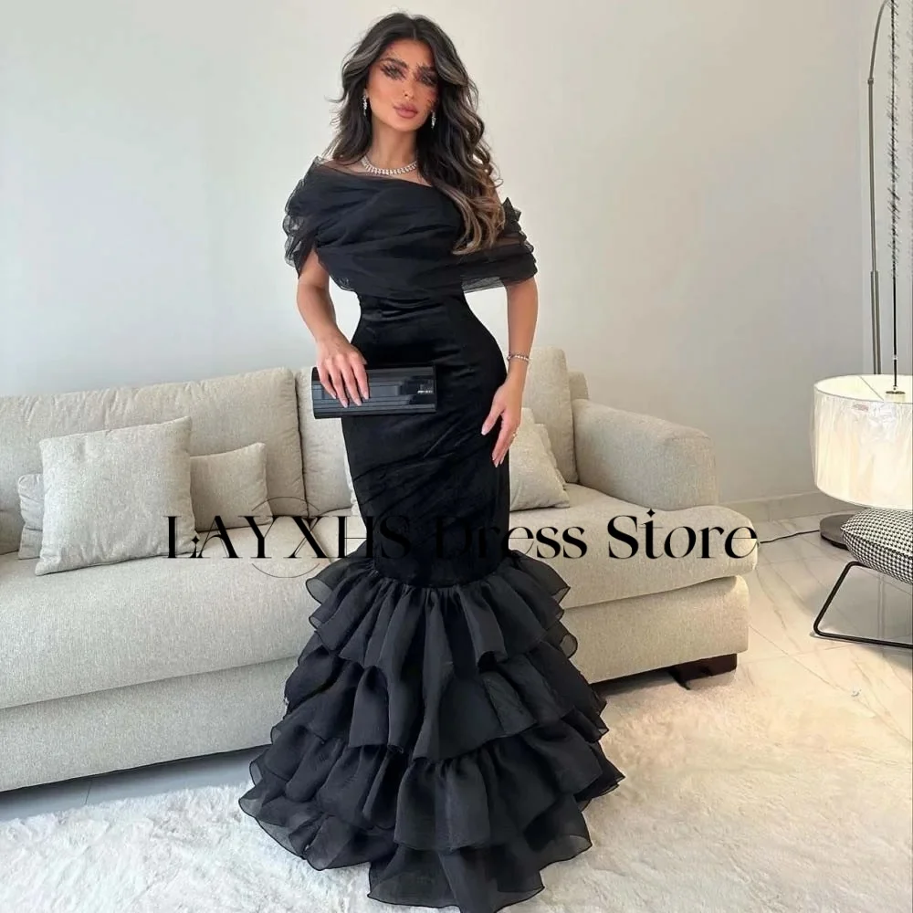 LAYXHS فساتين سهرة أنيقة بحورية البحر باللون الأسود قبالة الكتف فساتين حفلة موسيقية بطول الأرض مخصصة