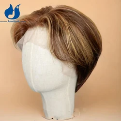 Amethyst 13x6 Short Pixie Cut Lace Front Wig for Men Middle Part Pre Plucked Brazilian Remy Hair Highlighted Colored Bob Wig