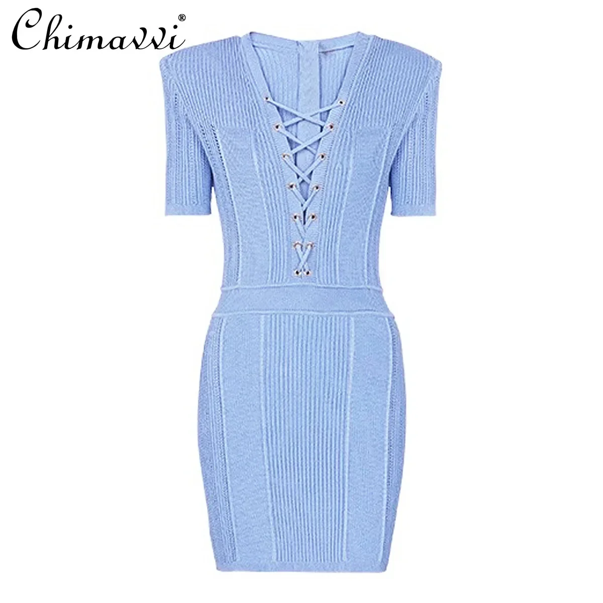 

2024 Summer New Fashion Ladies V-neck Drawstring Waist Slim Dress OL Short Sleeve Temperament Above Knee Knitted Dress Women