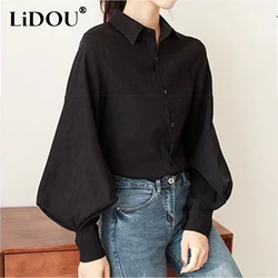 Autumn New Vintage Elegant Fashion Shirts Women Clothes Black White Simple Long Lantern Sleeve Solid Office Lady Top Blouse