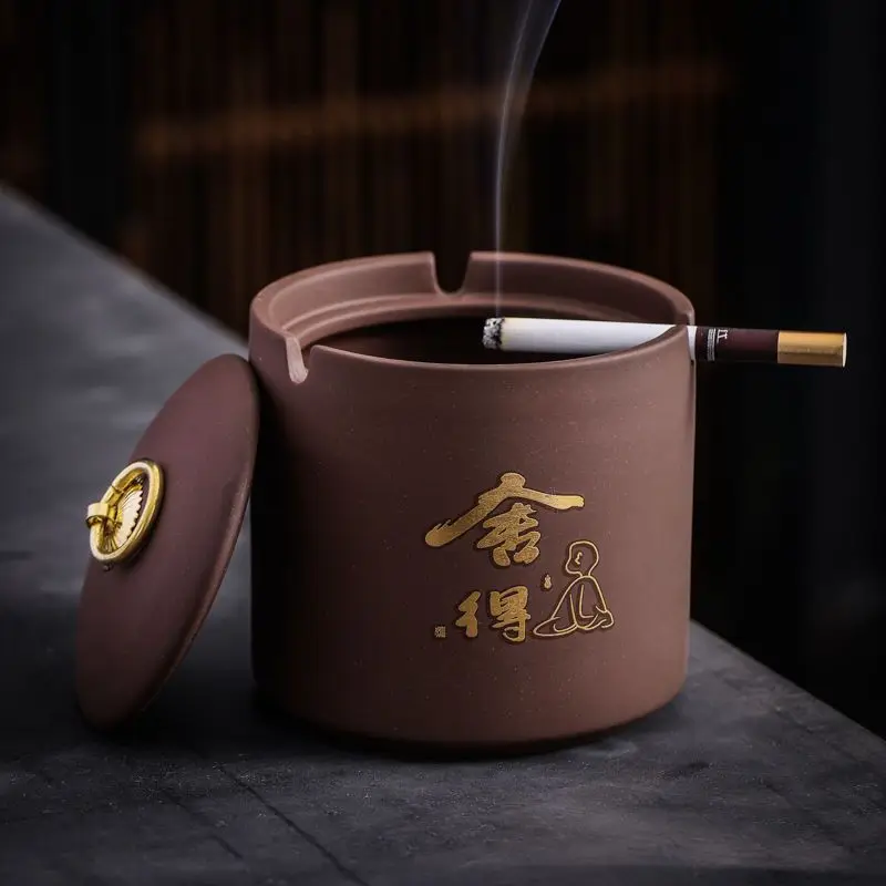 

Креативная цилиндрическая керамическая пепельница с фиолетовым песком и крышкой, ветрозащитная автомобильная пепельница большой емкости в стиле ретро, украшение для рабочего стола