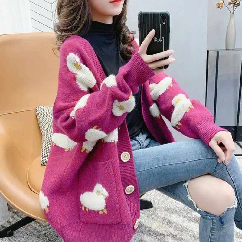 Women's Autumn Cardigan Spring Winter Knit Tops Female Loose Sweater Coat Cute Cartoon Sheep Printing V-neck Sweet Jacket